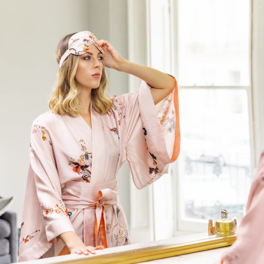 Silk Kimono Dressing Gown in Blush Pink