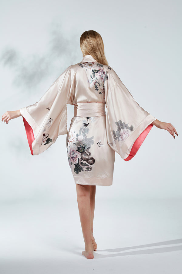 Silk Kimono Dressing Gown Pink | Fleur Japonaise