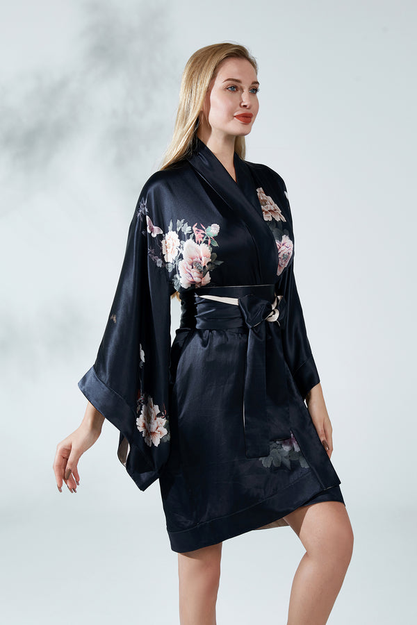 Silk Kimono Dressing Gown Black | Fleur Japonaise