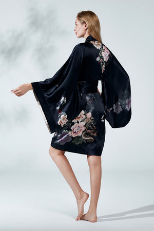 Silk Kimono Dressing Gown Black | Fleur Japonaise