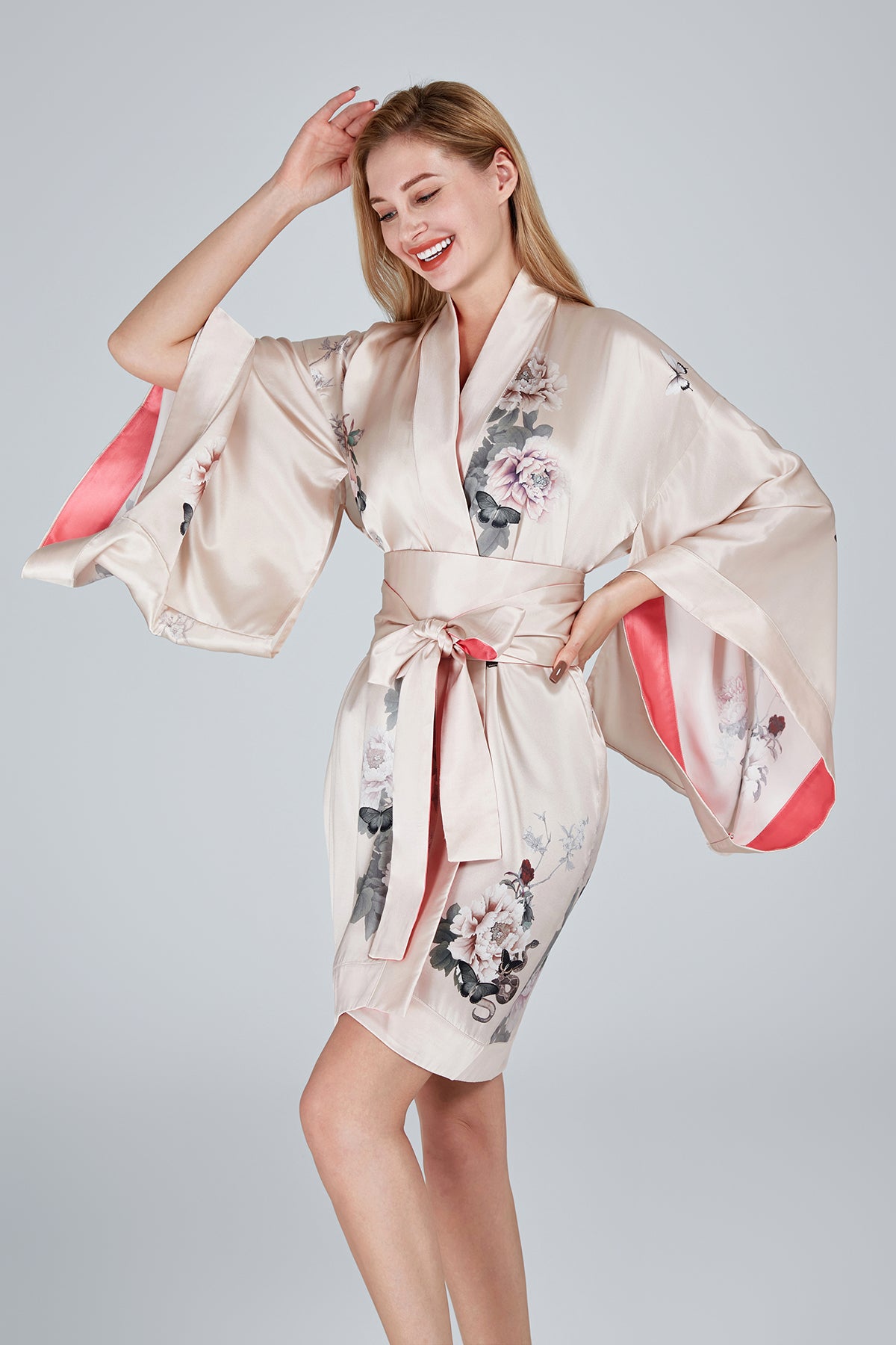 Silk Kimono Dressing Gown Pink | Fleur Japonaise