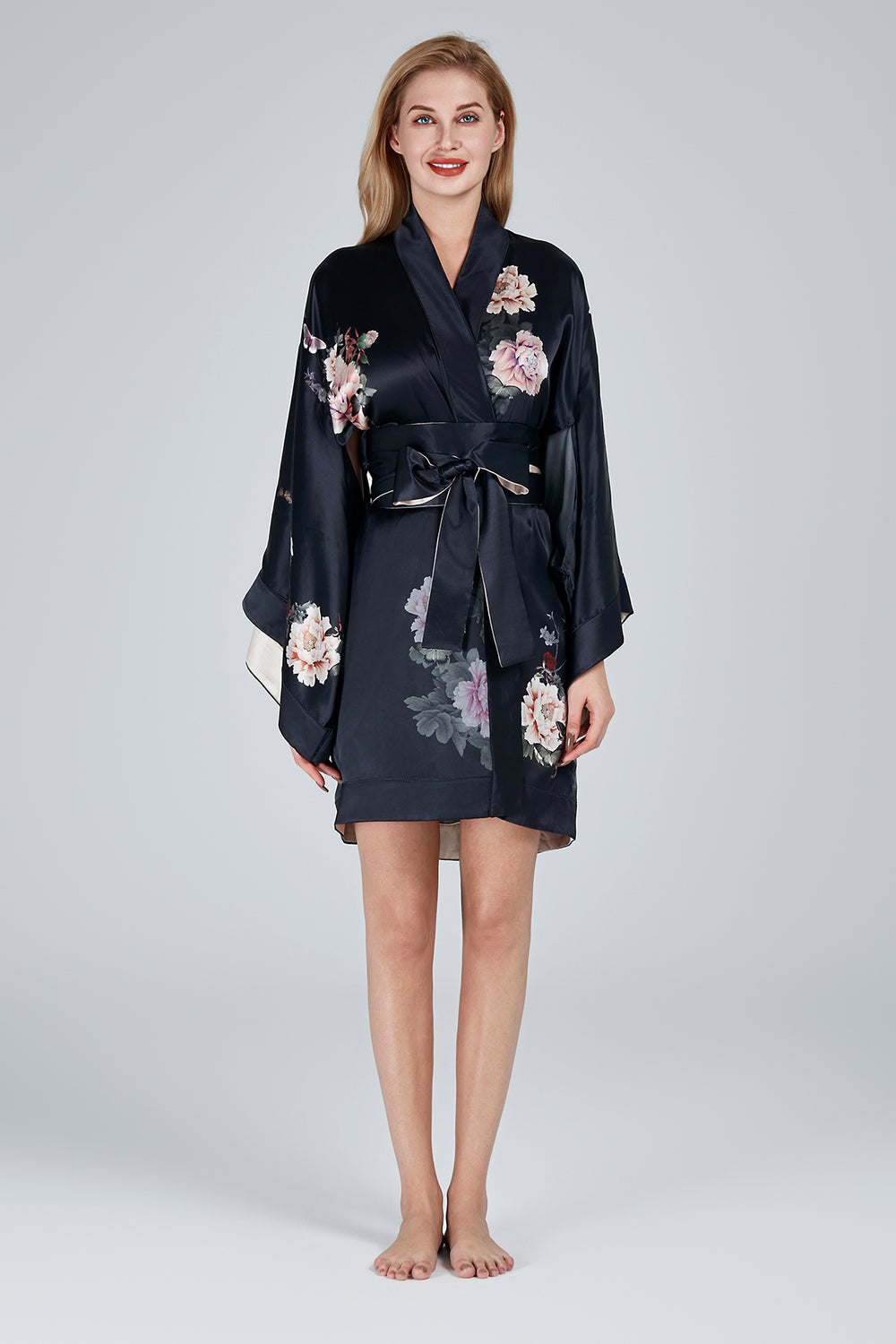 Silk Kimono Dressing Gown Black | Fleur Japonaise