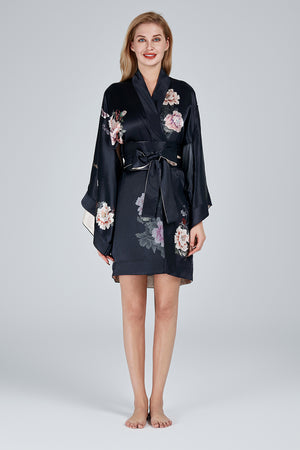 Silk Kimono Dressing Gown Black | Fleur Japonaise
