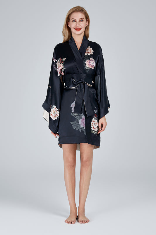Silk Kimono Dressing Gown Black | Fleur Japonaise