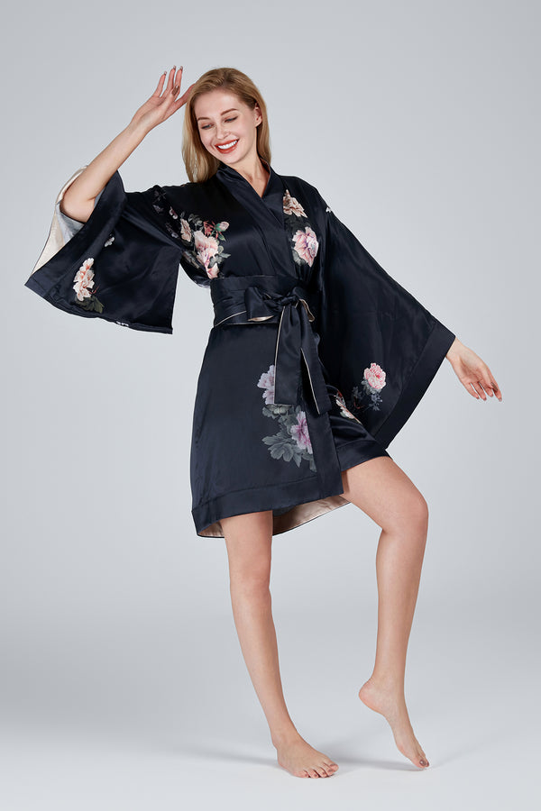 Silk Kimono Dressing Gown Black | Fleur Japonaise