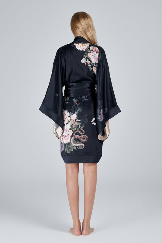 Silk Kimono Dressing Gown Black | Fleur Japonaise