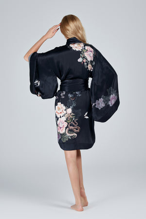 Silk Kimono Dressing Gown Black | Fleur Japonaise