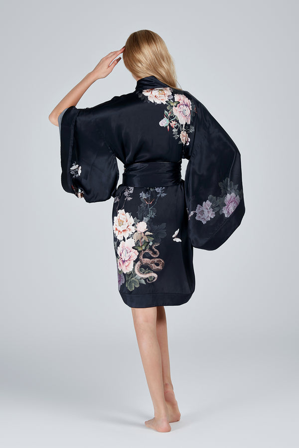 Silk Kimono Dressing Gown Black | Fleur Japonaise