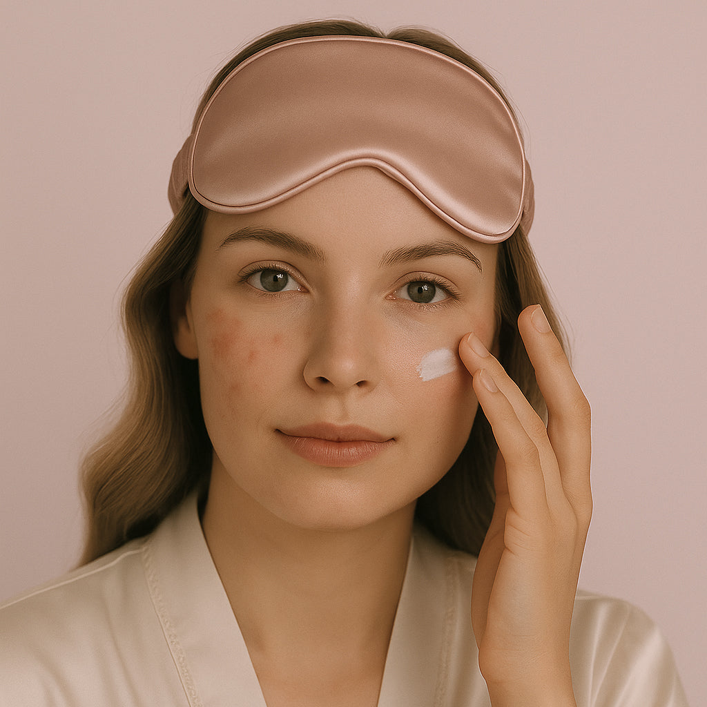 Woman applying cream to her face with a pink sleep mask on her head against a beige background