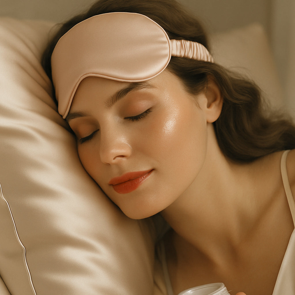 Woman wearing a beige sleep mask, lying on a pillow with a warm, soft light.
