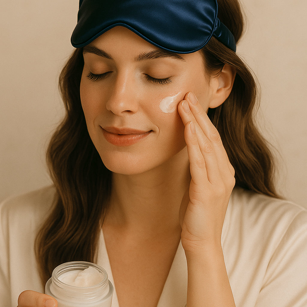 Woman applying cream to her face with a blue sleep mask on, against a beige background