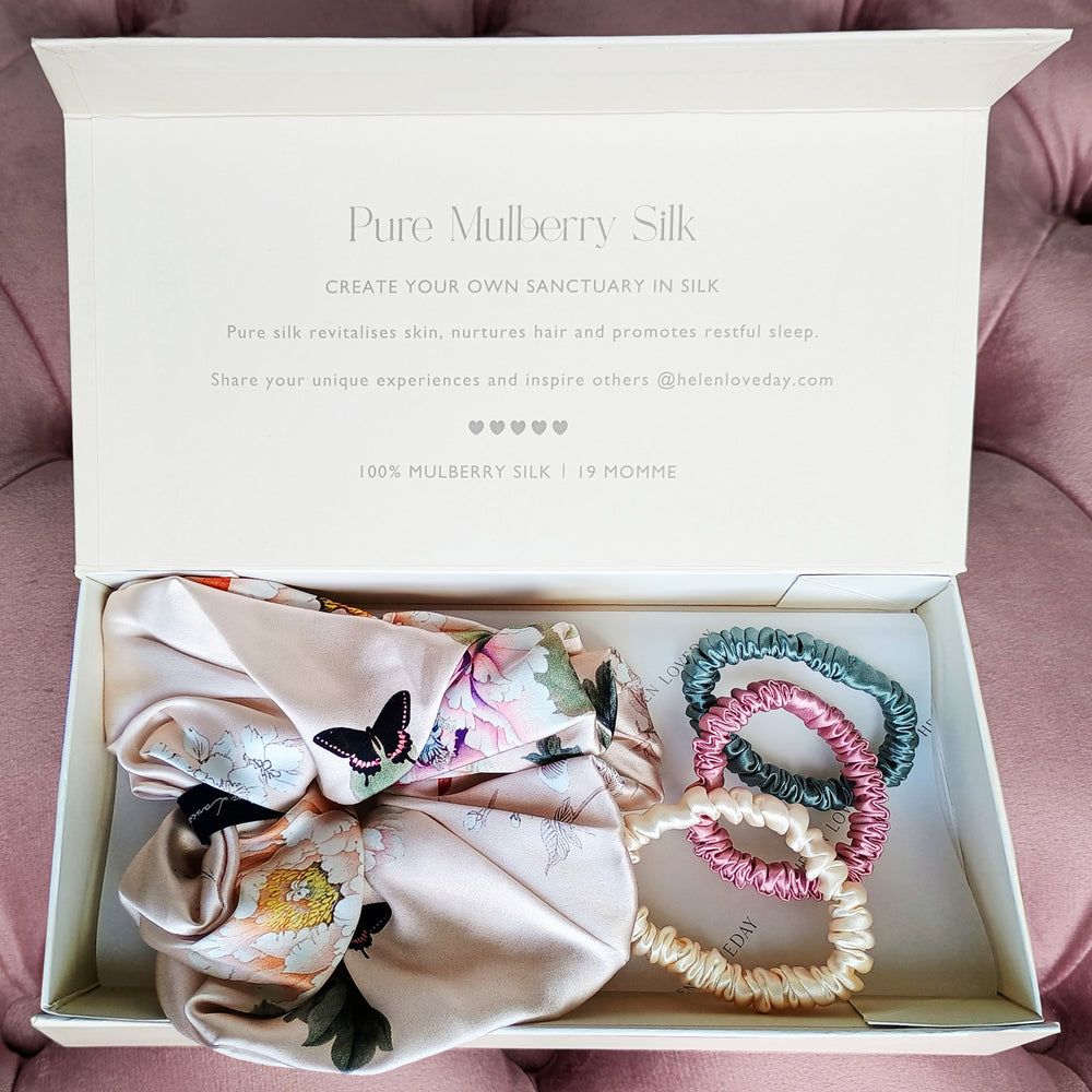 Hair Scrunchie Gift Box | Skinny Pink, Cream, Green | Maxi Fleur Japonaise