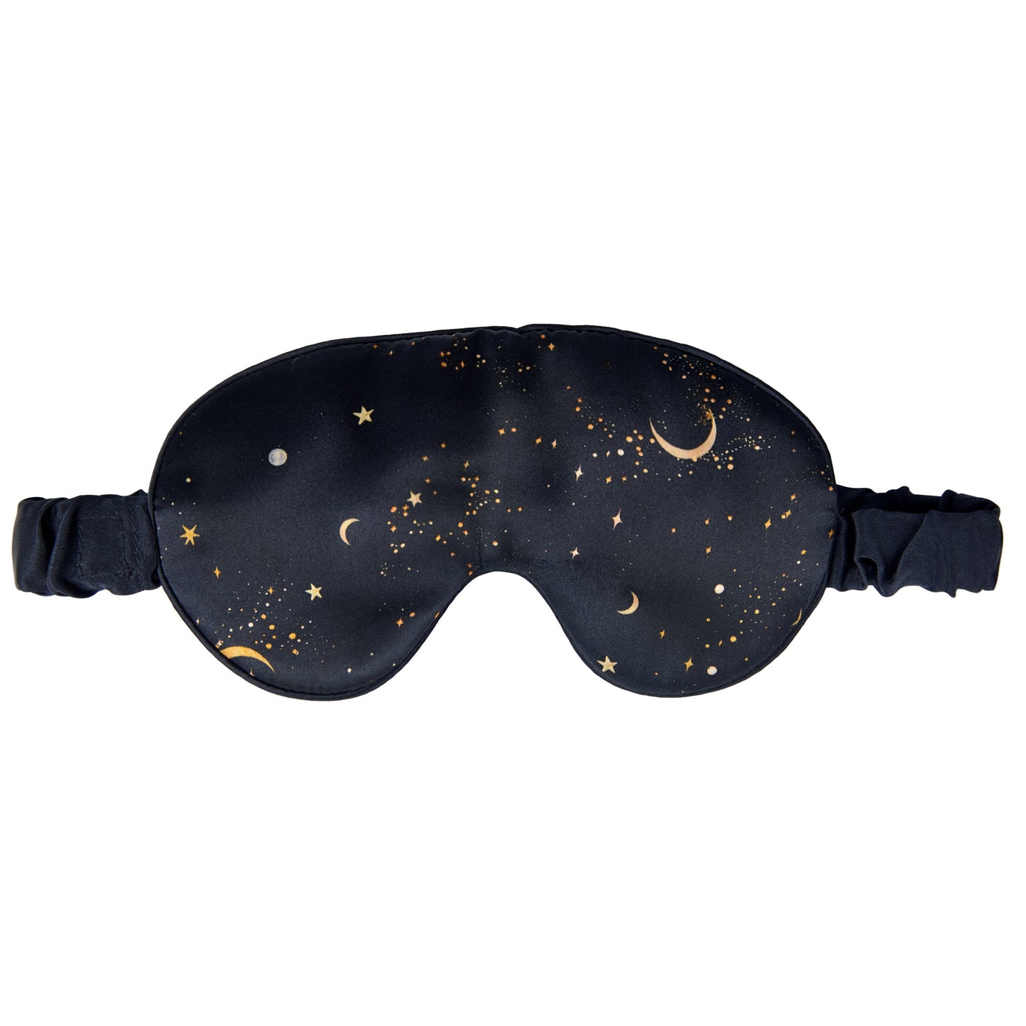 Woman wearing a black sleep mask with star and moon design on a dark navy background