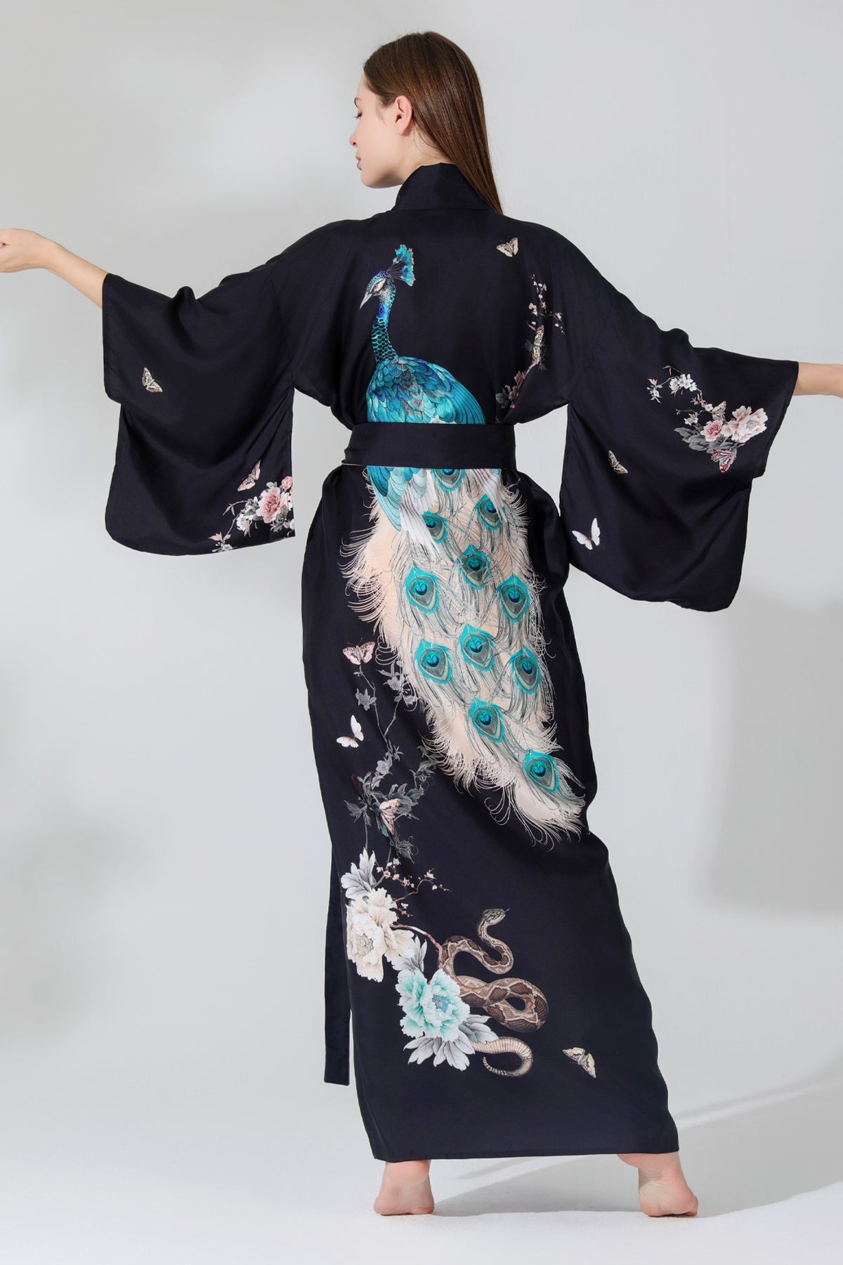 Silk Kimono Dressing Gown Royal Peacock | Black kimono from helenloveday for 345