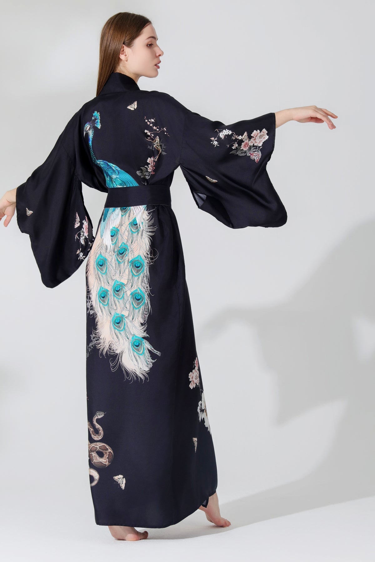 Silk Kimono Dressing Gown Royal Peacock | Black kimono from helenloveday for 345