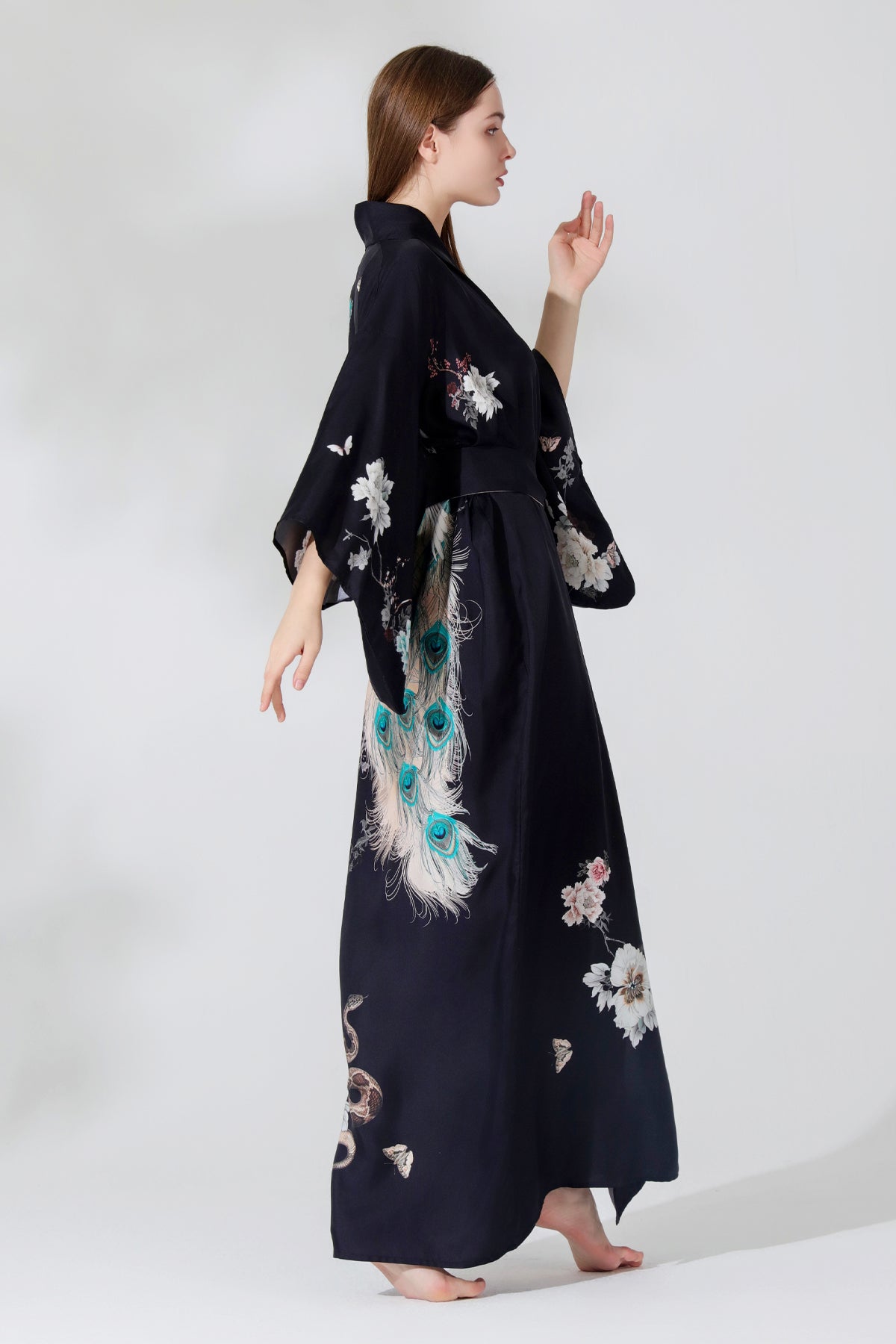 Silk Kimono Dressing Gown Royal Peacock | Black kimono from helenloveday for 345