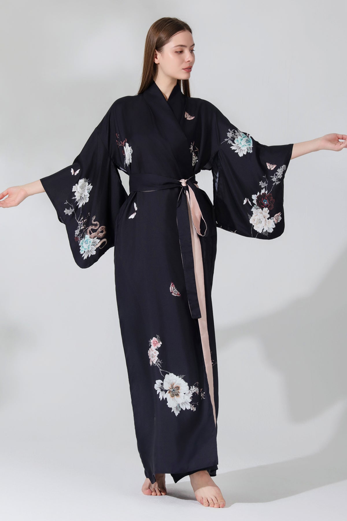 Silk Kimono Dressing Gown Black Royal Peacock