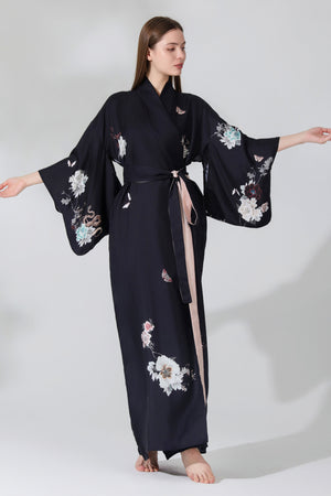 Silk Kimono Dressing Gown Black | Royal Peacock