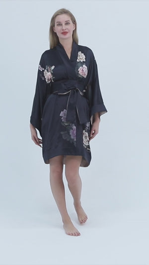 Silk Kimono Dressing Gown Black | Fleur Japonaise