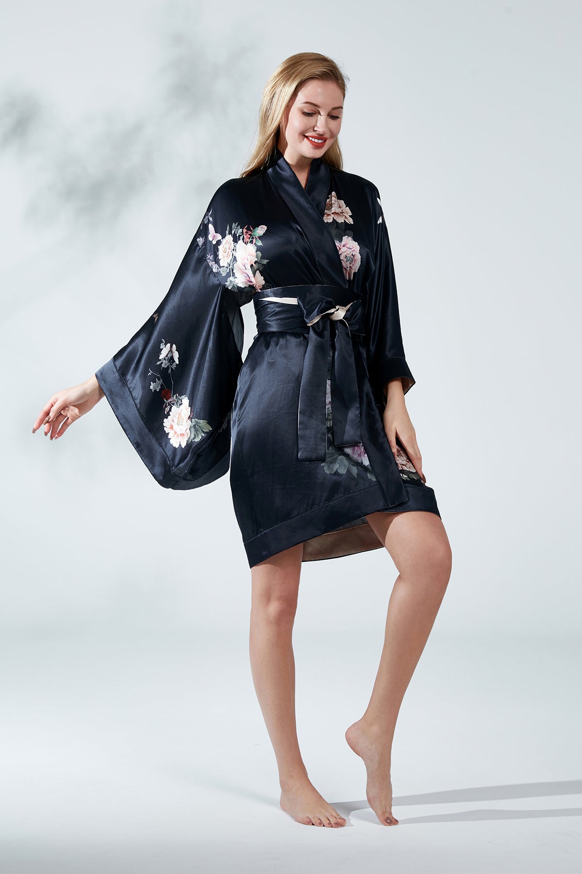 Silk Kimono Dressing Gown Midnight Blue | Fleur Japonaise