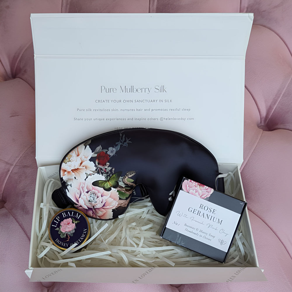 Silk Sleep Gift Set | Luxury Eye Mask, Lip Balm & Soap | Fleur Japonaise Black