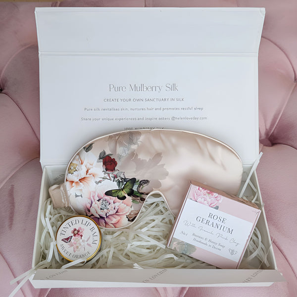 Silk Sleep Gift Set | Luxury Eye Mask, Lip Balm & Soap | Fleur Japonaise Pink