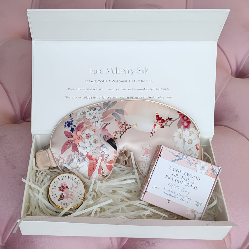 Silk Sleep Gift Set | Luxury Eye Mask, Lip Balm & Soap | Pink Blossom