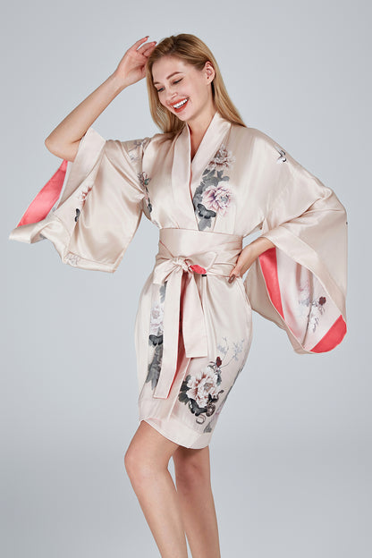 Silk Kimono Dressing Gown Pink | Fleur Japonaise