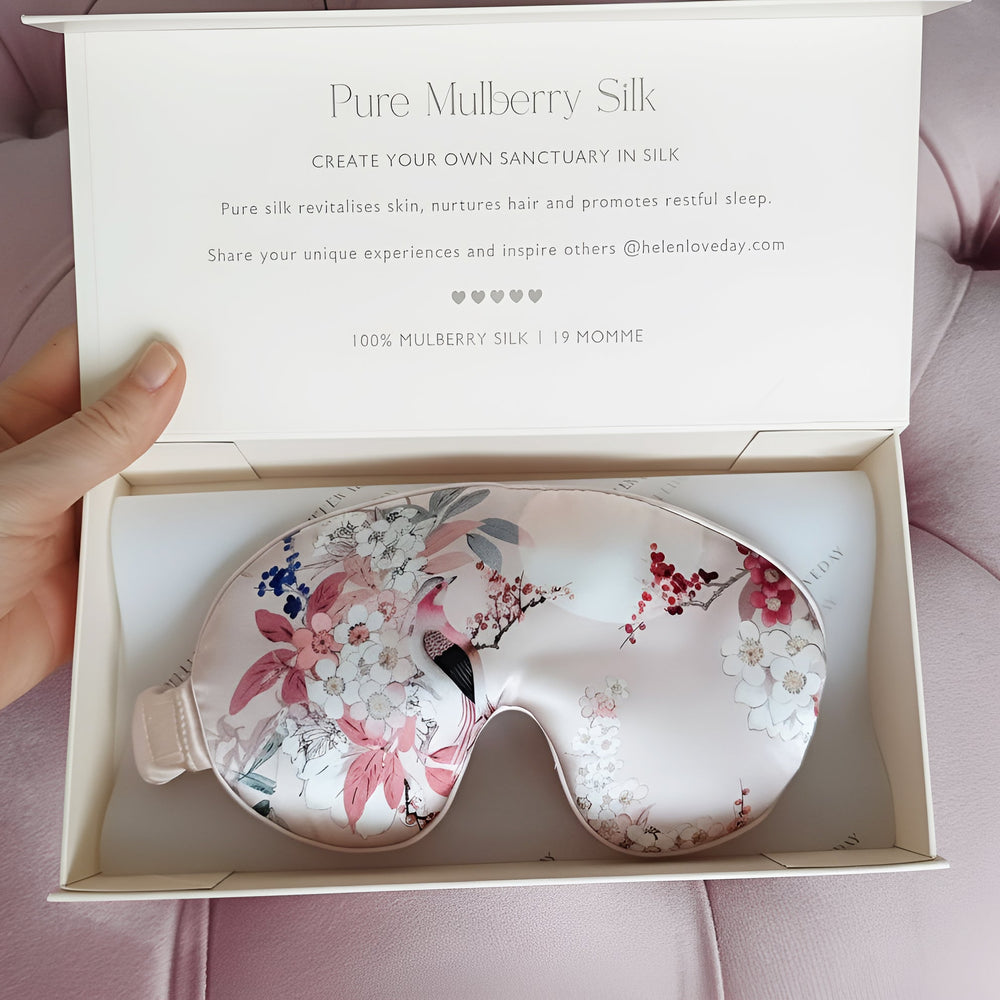 Silk eye mask with floral design in a branded box