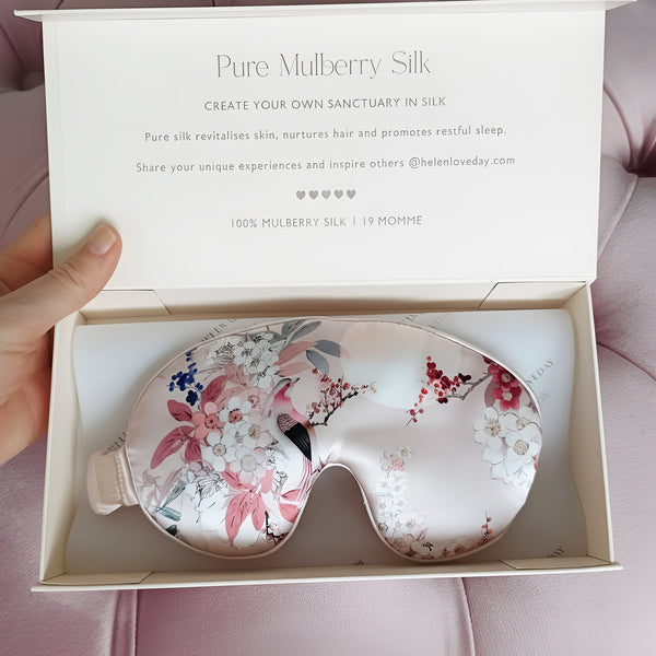 Silk eye mask with floral design in a branded box