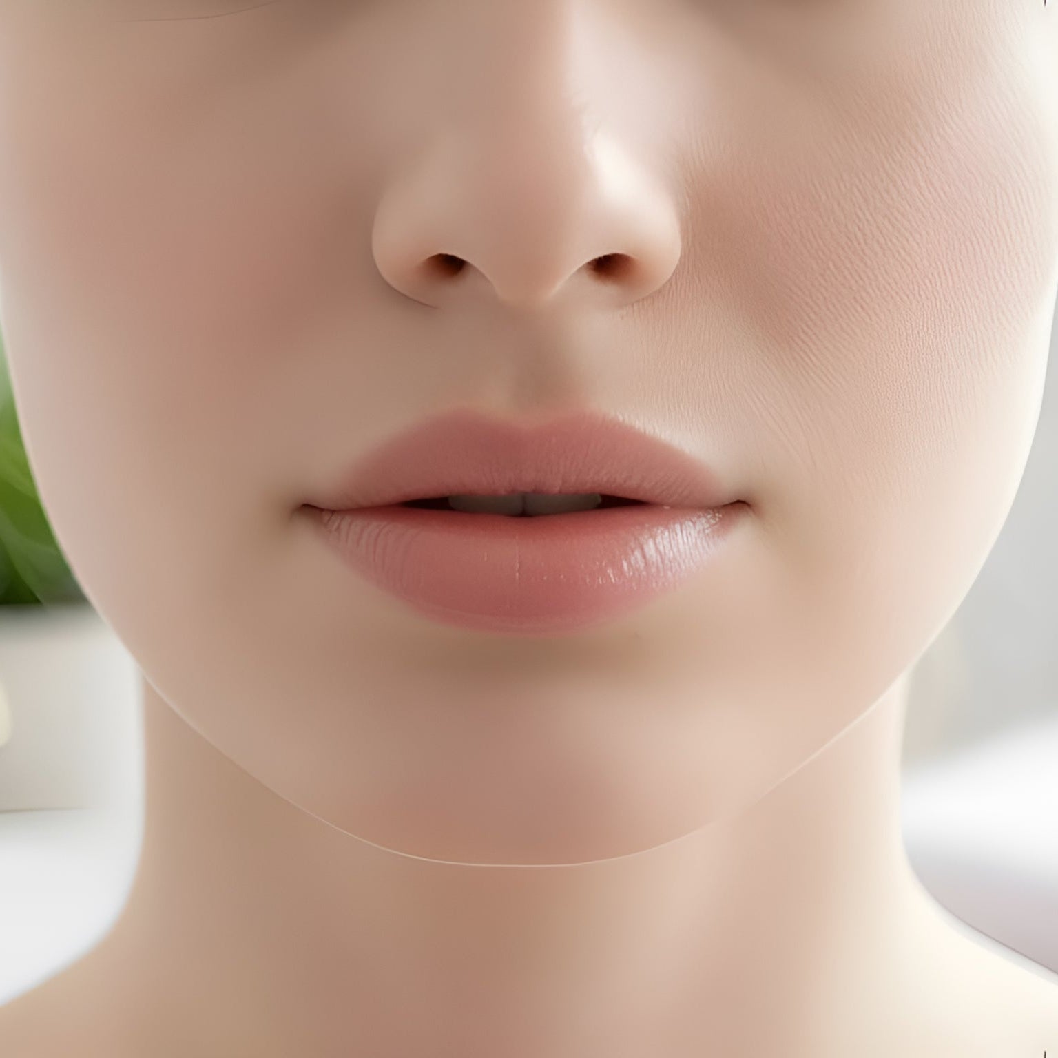 FULL GLOSSY LIPS WITH LIP BALM CLOSE UP Close-up of a person's neck and shoulders with a blurred background