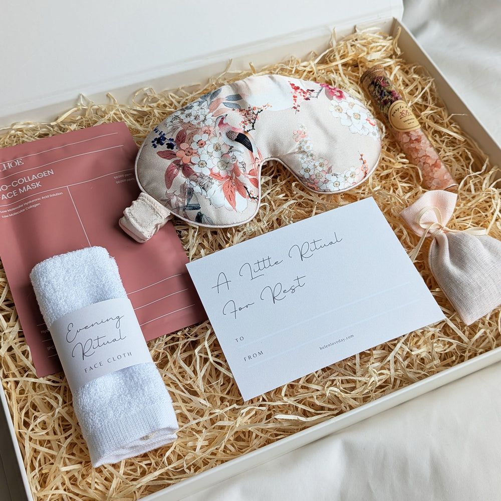 Gift set with mulberry silk sleep mask, facial mask, towel, and card in a box