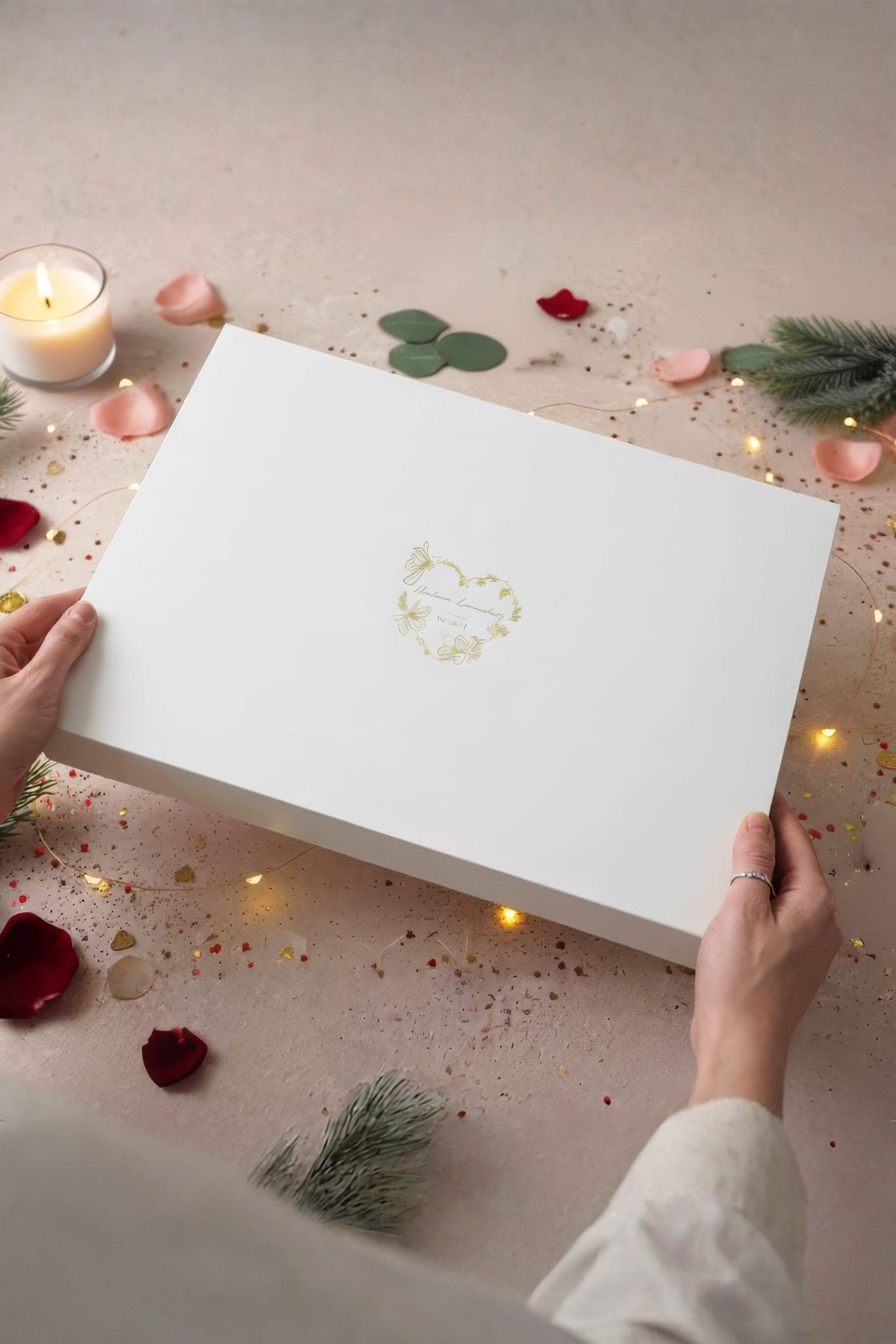 White gift box with a gold logo held by hands on a decorative surface with candles and rose petals.