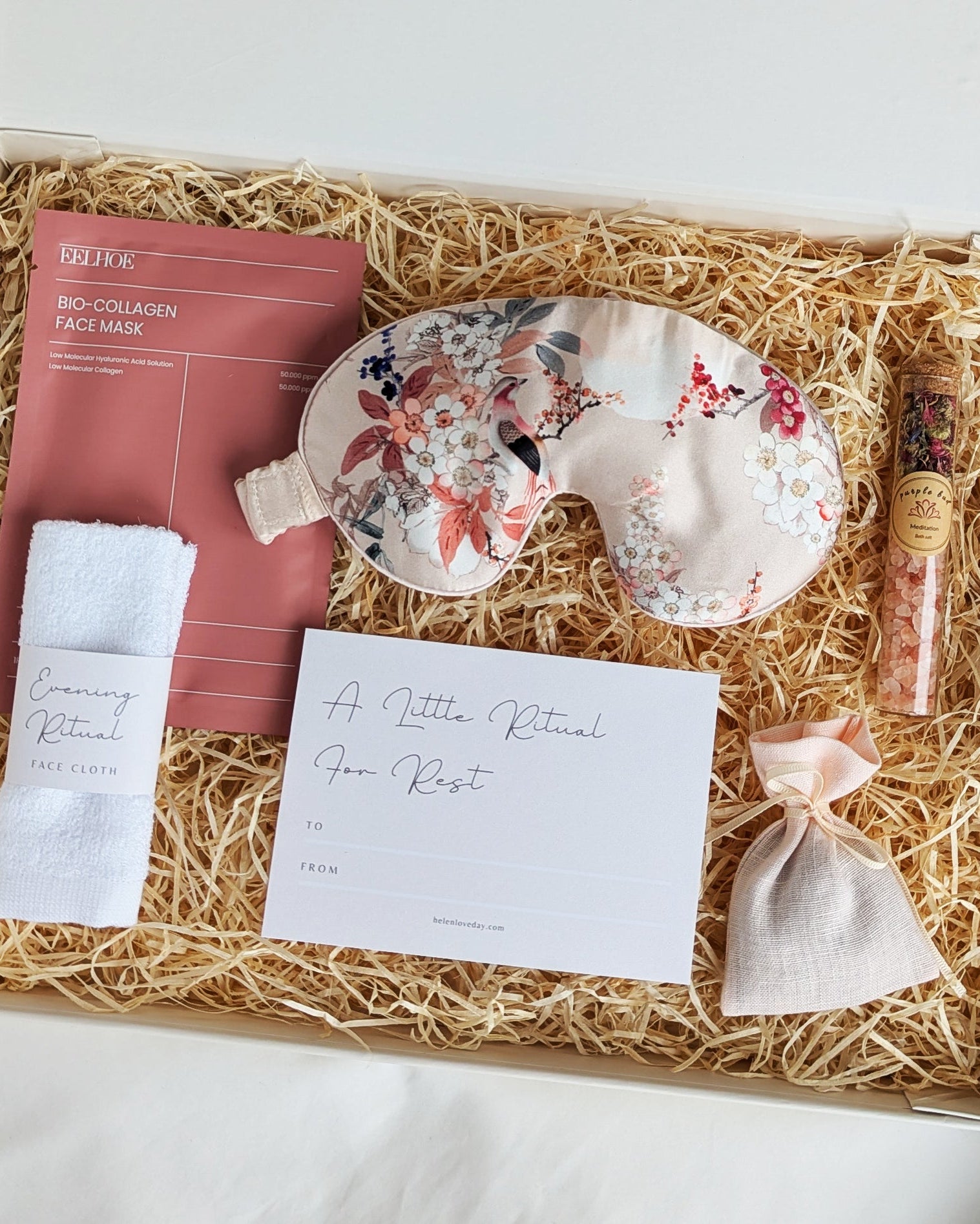Gift set with silk sleep mask, collagen face mask, bath salts, cotton face cloth, lavender bag,