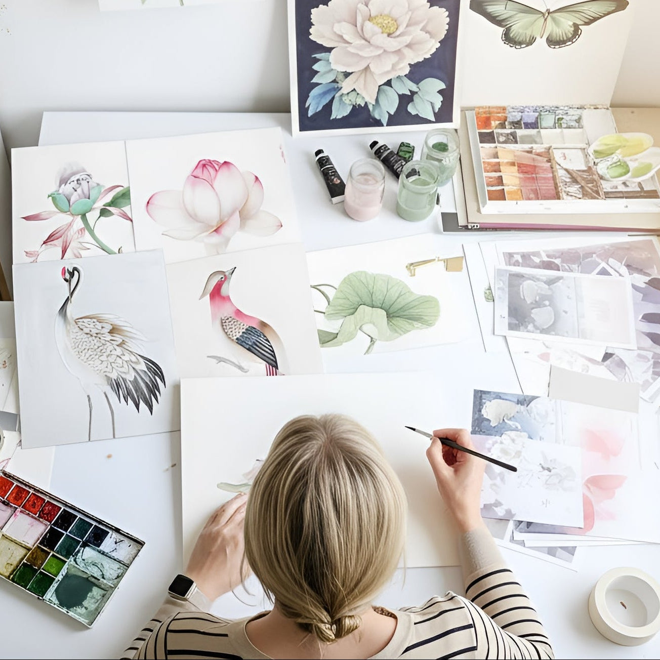 Person painting with watercolors on a table surrounded by art supplies and artwork.