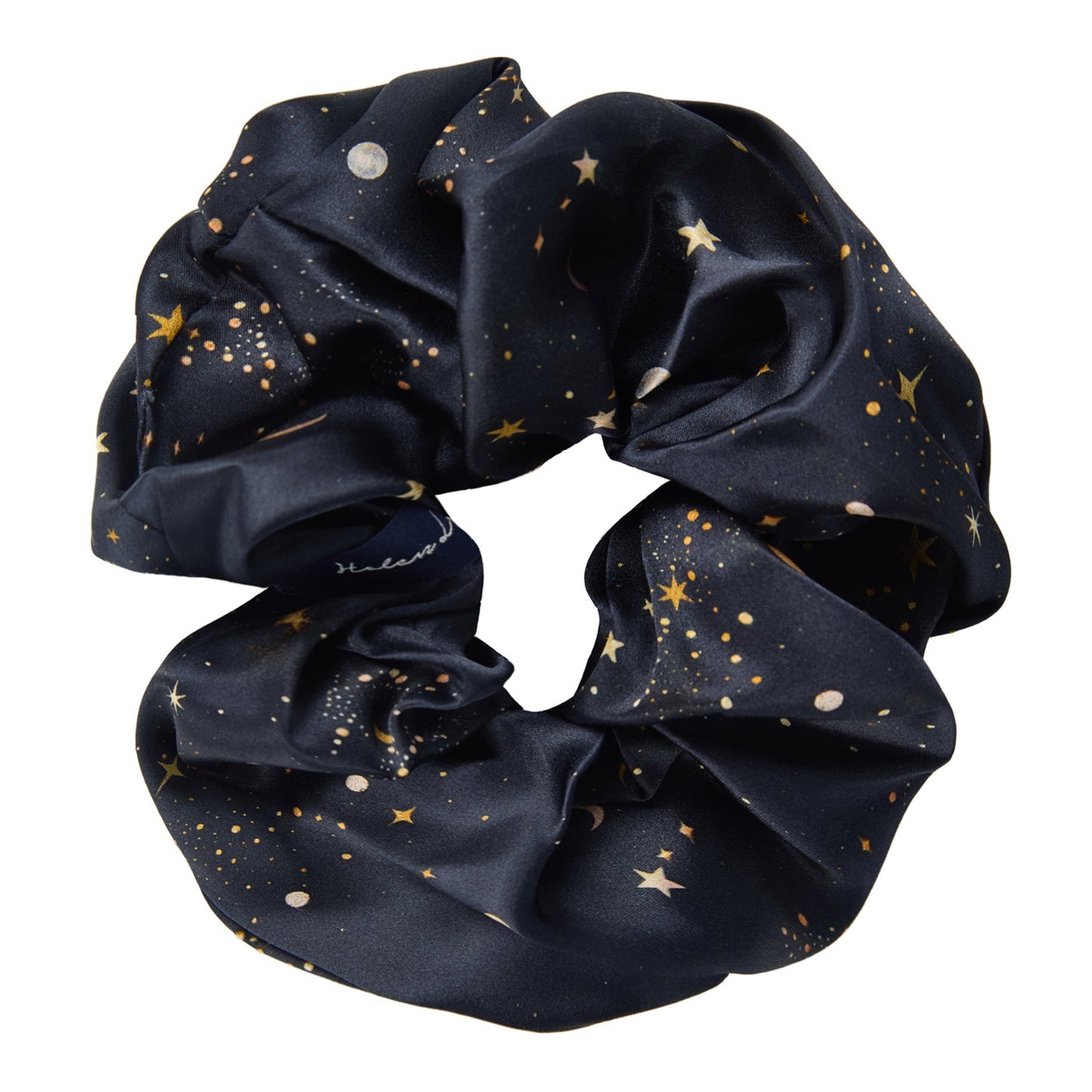 Navy blue scrunchie with star pattern on a white background