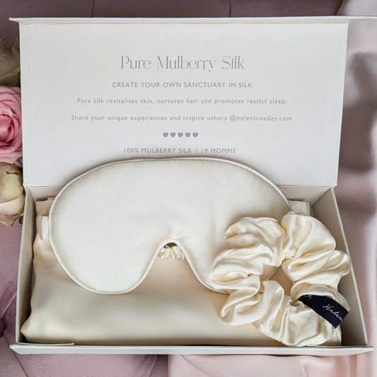 Silk Pillowcase, Eye Mask & Hair Scrunchie Giftbox Cream