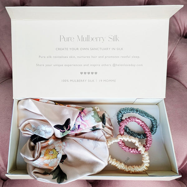 Hair Scrunchie Gift Box | Skinny Pink, Cream, Green | Maxi Fleur Japonaise
