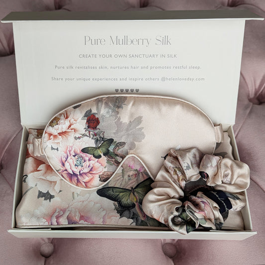 Silk Pillowcase, Eye Mask & Hair Scrunchie Giftbox Pink | Fleur Japonaise