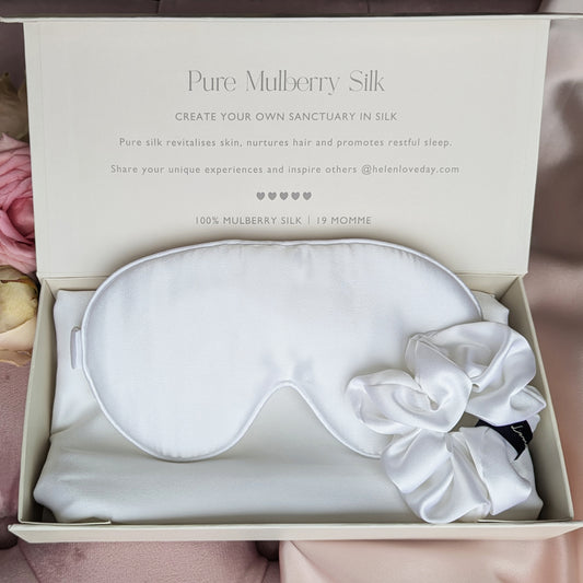 Silk Pillowcase, Eye Mask & Hair Scrunchie Giftbox | Bridal White