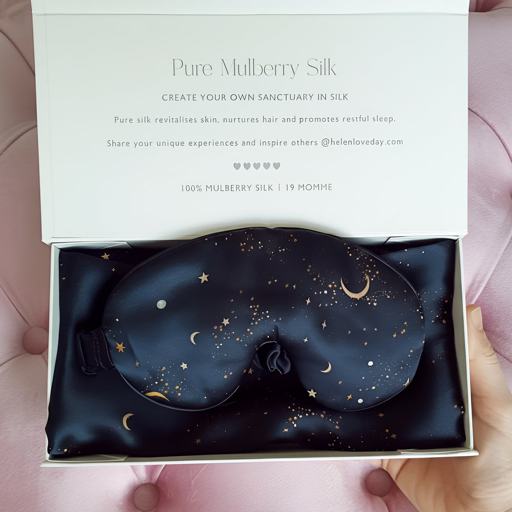Silk Pillowcase & Eye Mask Giftset Navy | Star & Moon