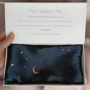 Silk pillowcase with star and moon pattern in a branded box