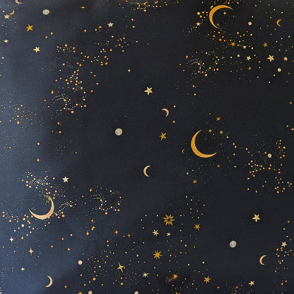Pattern of stars and moons on a dark blue background