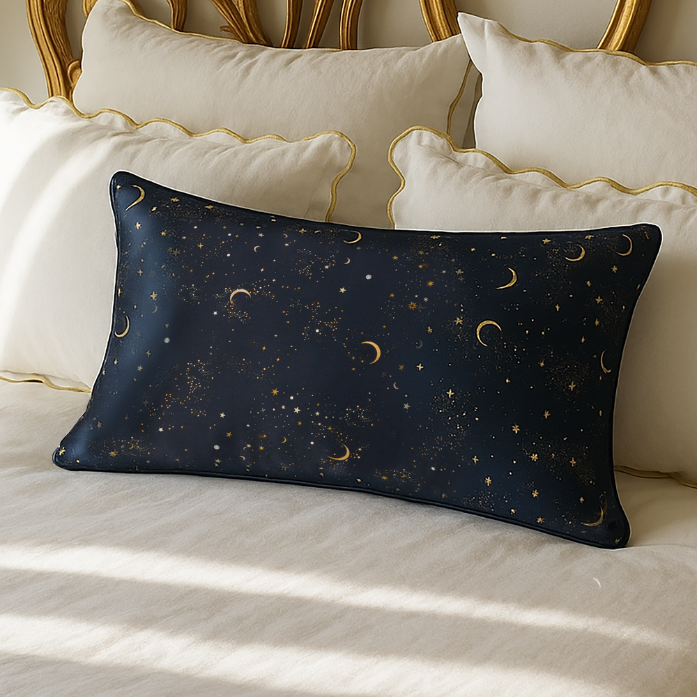 Silk pillowcase with star and moon pattern in a branded box