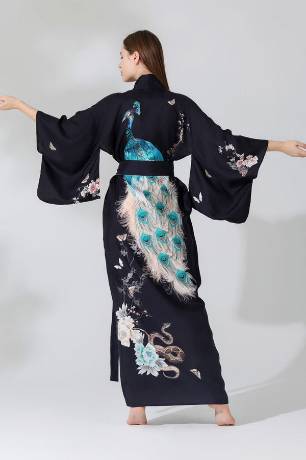 Silk Kimono Dressing Gown Black | Royal Peacock