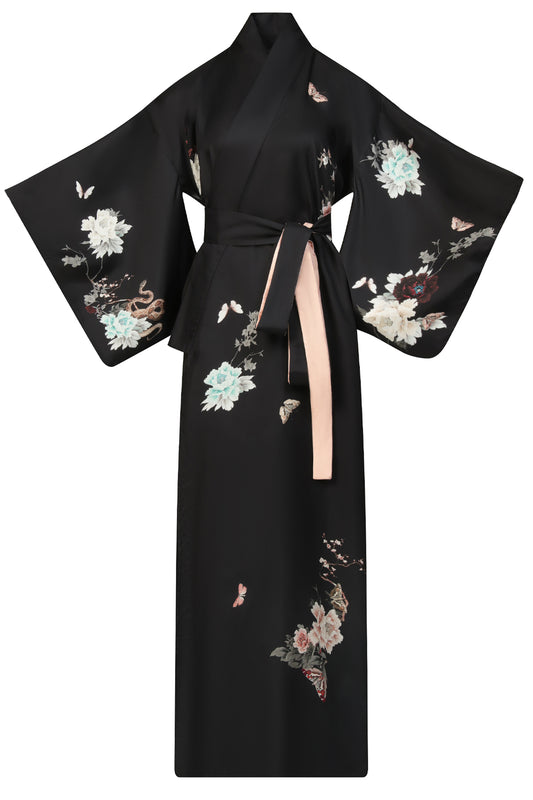 Silk Kimono Dressing Gown Royal Peacock | Black kimono from helenloveday for 345