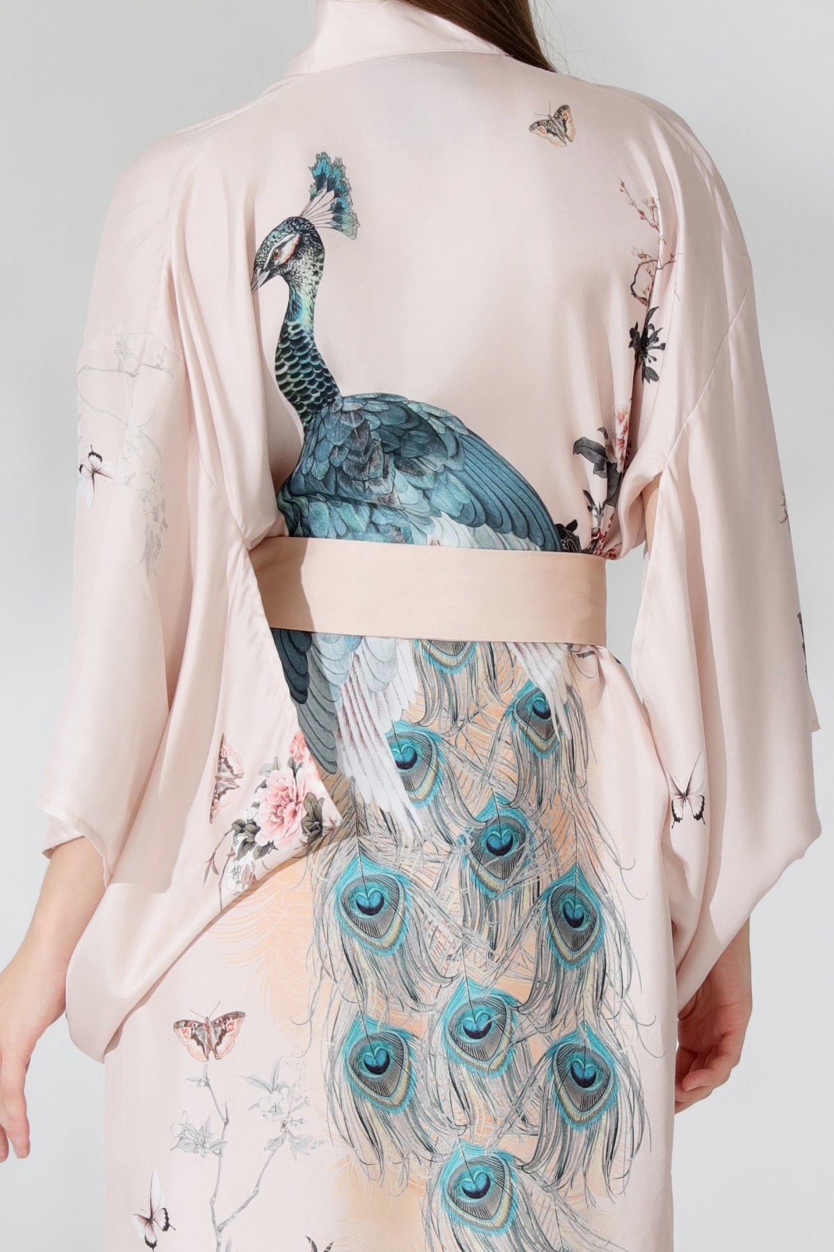 Peacock print clearance satin kimono robe