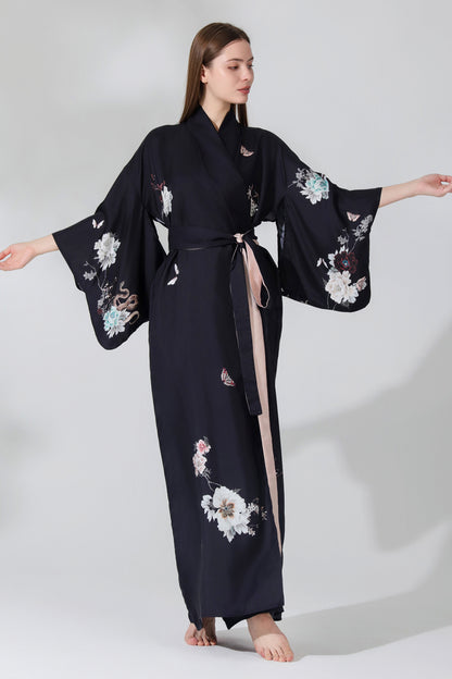 Silk Kimono Dressing Gown Black | Royal Peacock
