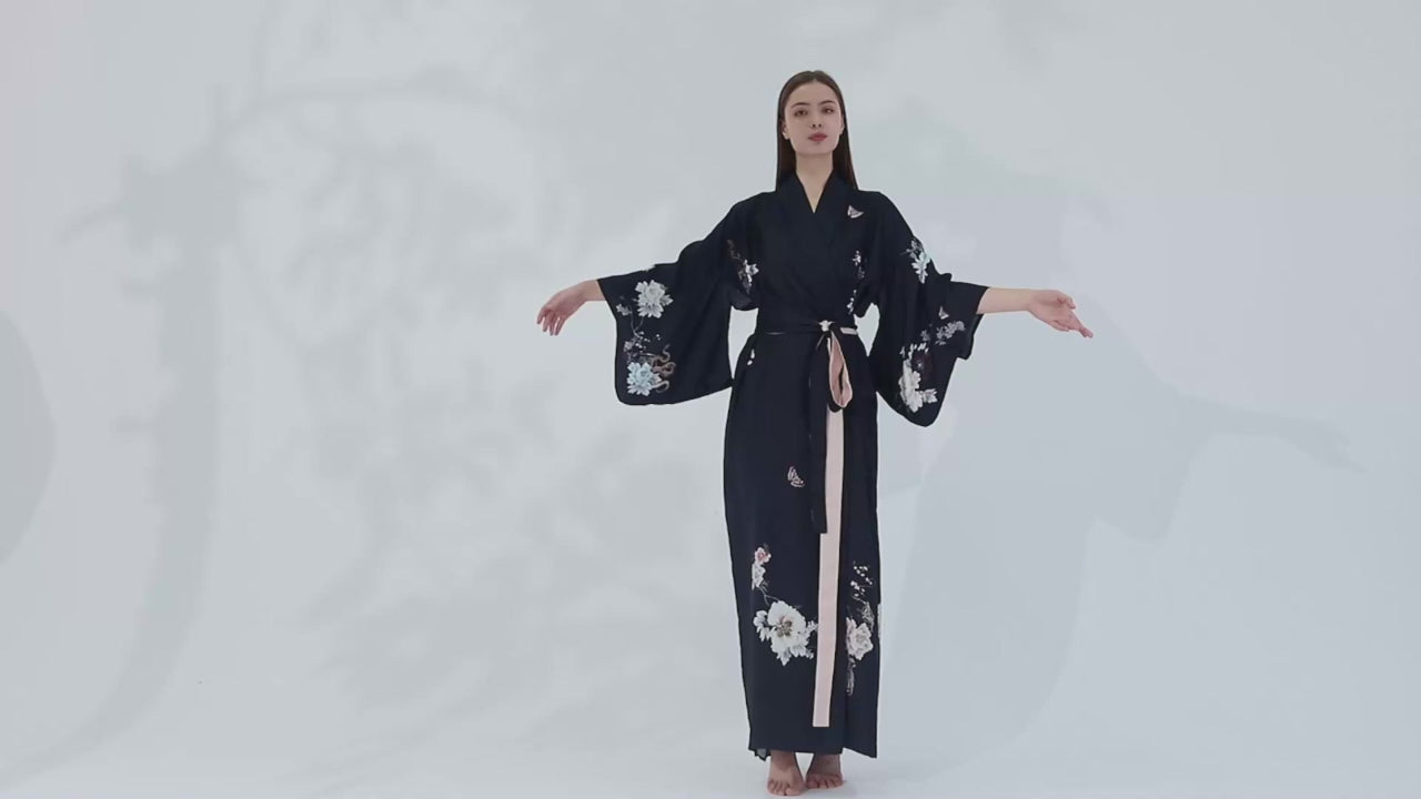 Load video: SILK KIMONO ROBE DRESSING GOWN PEACOCK BLACK