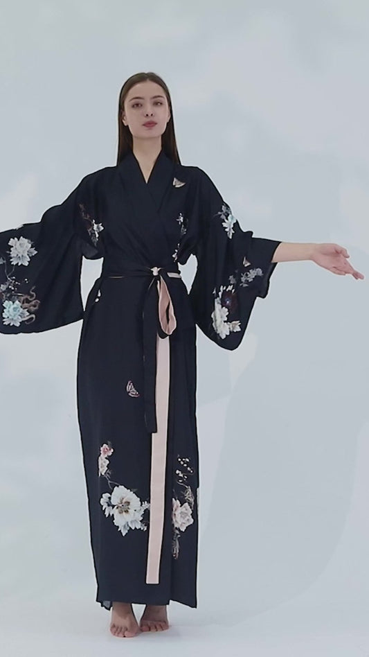 Silk Kimono Dressing Gown Black | Royal Peacock
